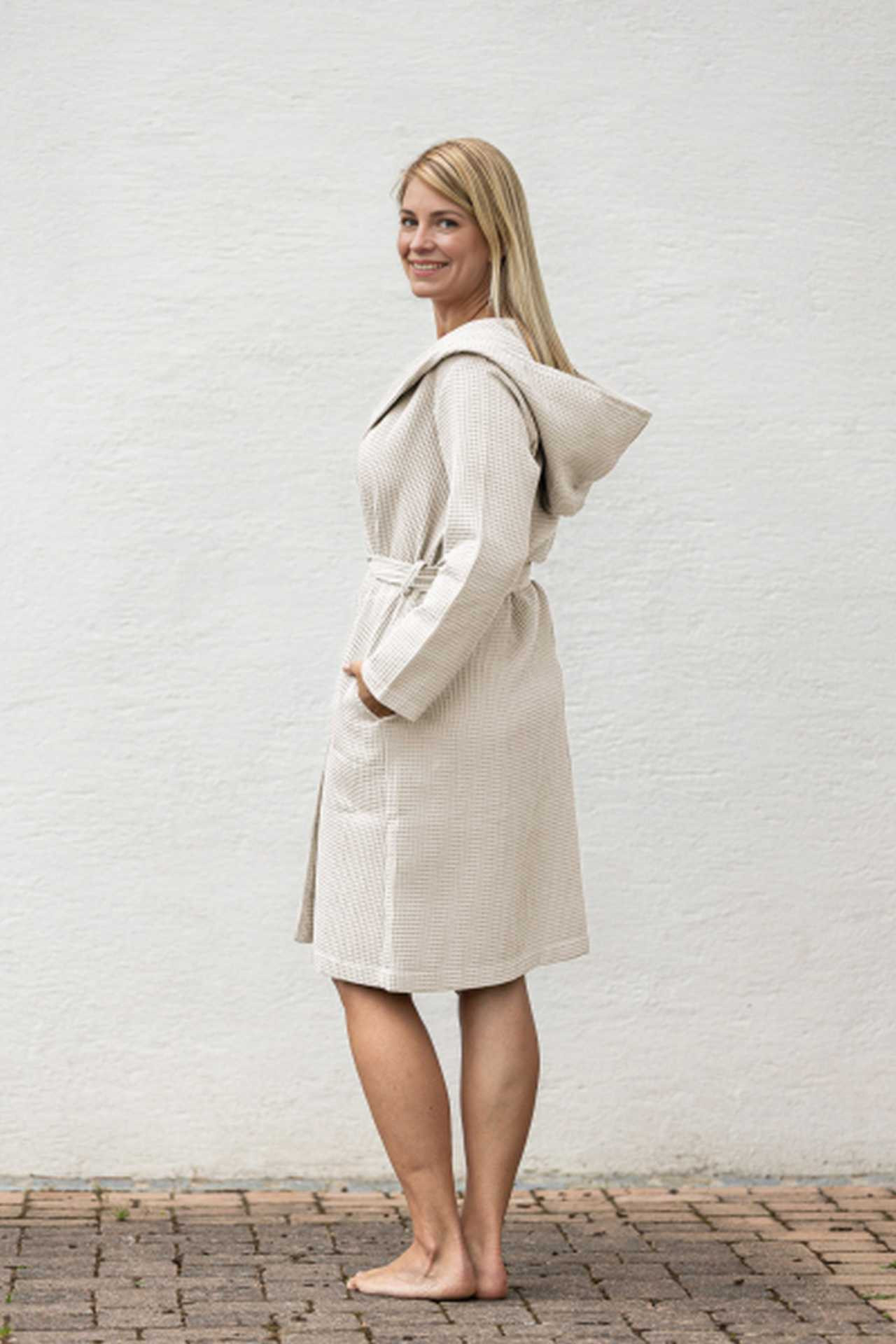 leichter UNISEX Damen Waffelbademantel mit Kapuze